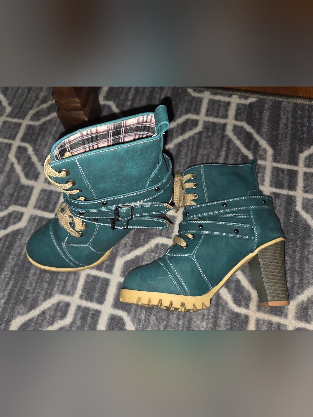 Teal Lace-Up Block Heel Ankle Boots - Women's Fashion Size 6